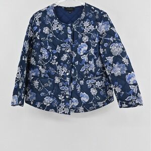 Talbots Quilted Floral Jacket Womens Size L Blue White Cotton Snap Front Pockets